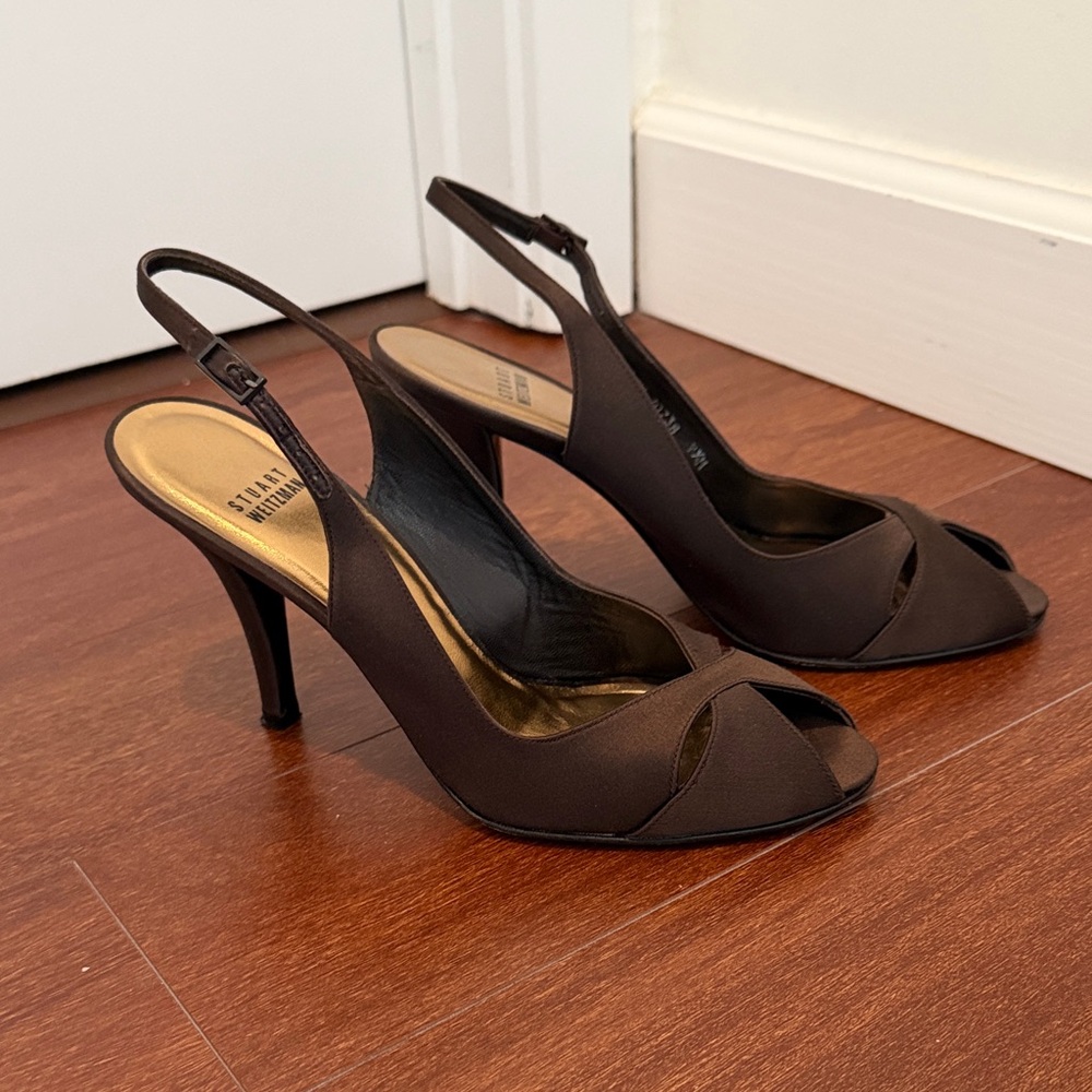 Stuart Weitzman Dark Brown Peep-Toe Slingbacks